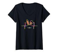 Mujer Diseño de cabeza de conejo, latido del corazón, Camiseta Cuello V