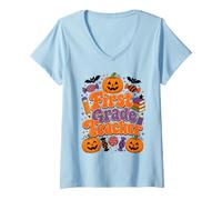 Mujer Diseño de Calabaza de Halloween para Profesores de Primer Grado Camiseta Cuello V