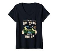 Mujer Diseño de Caminata de montaña Into The Wilds I Go Don't Wait Up Camiseta Cuello V