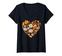 Mujer Diseño de Collage de Acción de Gracias de corazón de otoño Camiseta Cuello V