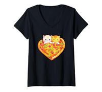 Mujer Diseño de Comida Italiana Kawaii Cute Cats Pizza Anime Camiseta Cuello V