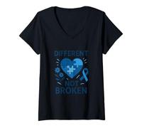 Mujer Diseño de Conciencia de corazón de Rompecabezas Azul Diferente no Roto Camiseta Cuello V
