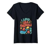Mujer Diseño de conservación del océano I Love Sea Animals Camiseta Cuello V