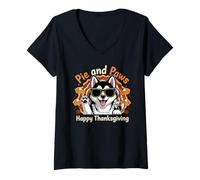 Mujer Diseño de Dulce Perro Husky de Pie and Paws Happy Thanksgiving Camiseta Cuello V