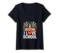 Mujer Diseño de espíritu académico I Love School Camiseta Cuello V
