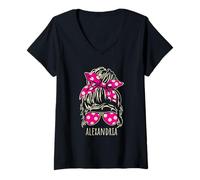 Mujer Diseño de gafas de sol con forma de moño y moño desordenado de la ciudad de Alejandría Camiseta Cuello V