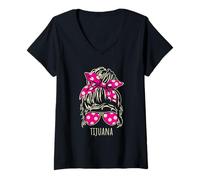 Mujer Diseño de Gafas de Sol de la Ciudad de Tijuana con moño de Pelo desordenado Camiseta Cuello V