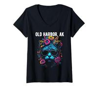 Mujer Diseño de Gato de Old Harbor Alaska con Gafas de Sol y Flores Camiseta Cuello V