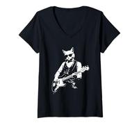 Mujer Diseño de Gato Tocando bajo y usando Gafas de Sol Camiseta Cuello V