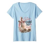 Mujer Diseño de Grace Found Me Here Christian Cross Camiseta Cuello V