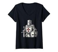 Mujer Diseño de Guerrero Caballero templario Camiseta Cuello V