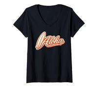 Mujer Diseño de Guion Aloha Retro Surf Hawaii Tropical Beach Camiseta Cuello V