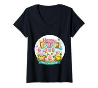 Mujer Diseño de Happy Easter Bunny Chick Hopping Into Spring Camiseta Cuello V