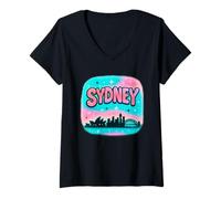 Mujer Diseño de horizonte de la ciudad de Sydney con letras de burbujas pastel y estrellas Camiseta Cuello V
