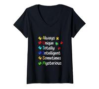 Mujer Diseño de huellas de manos de rompecabezas de concienciación sobre el autismo siempre único Camiseta Cuello V