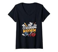 Mujer Diseño de Humor Escolar Caos en el Aula Camiseta Cuello V