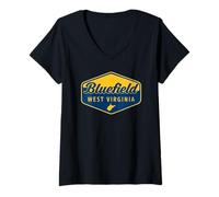 Mujer Diseño de insignia retro de Bluefield, Virginia Occidental, Arte del sur de Virginia Occidental Camiseta Cuello V
