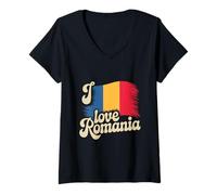 Mujer Diseño de la bandera de Rumania I Love | Gráfico del orgullo rumano Camiseta Cuello V