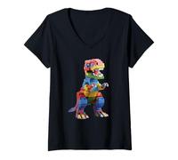 Mujer Diseño de Ladrillos de Dinosaurio T-Rex Master Builder - Gráfico Divertido Camiseta Cuello V