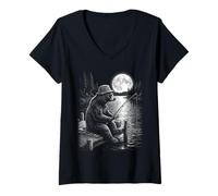 Mujer Diseño de Lago Nocturno de Osos pescando bajo la Luna Llena Camiseta Cuello V