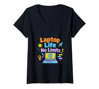 Mujer Diseño de Libertad sin límites de Vida portátil Camiseta Cuello V