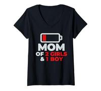 Mujer Diseño de mamá cansada para el día de la Madre de 2 niñas y 1 niño Camiseta Cuello V