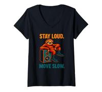 Mujer Diseño de música de Perezoso Divertido con Movimiento Lento y Divertido de Stay Loud Camiseta Cuello V