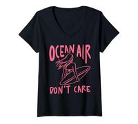 Mujer Diseño de Ocean Air Don't Care Surfer Girl Beach y Verano Camiseta Cuello V