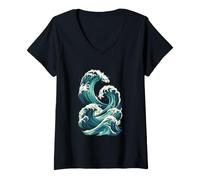 Mujer Diseño de Olas japonesas: Arte costero Retro para navegar en el océano Camiseta Cuello V