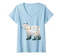 Mujer Diseño de Oso Floral Acuarela Madre Amorosa Camiseta Cuello V