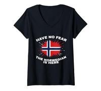 Mujer Diseño de Patrimonio Vikingo «Have No Fear The Norwegian Is Here» Camiseta Cuello V