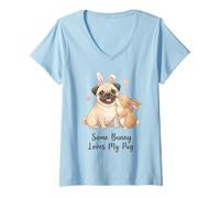 Mujer Diseño de Perro de Pascua con Texto en inglés Some Bunny Loves My Pug Camiseta Cuello V