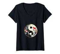 Mujer Diseño de pez Yin Yang Koi Camiseta Cuello V
