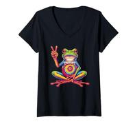 Mujer Diseño de Rana con diseño de Rana de teñido Anudado, Estilo Hippie Camiseta Cuello V