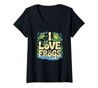 Mujer Diseño de rana verde con texto en inglés "I Love Frogs" Camiseta Cuello V