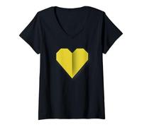 Mujer Diseño de símbolo de Amor de Origami de corazón Amarillo Camiseta Cuello V