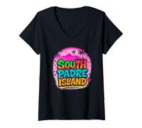 Mujer Diseño de South Padre Island Rainbow Texas Beach Vibes Camiseta Cuello V