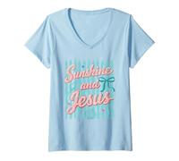 Mujer Diseño de Sunshine and Jesus Christian Beach Faith Camiseta Cuello V