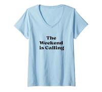 Mujer Diseño de Texto Negro The Weekend is Calling Retro Vibes Camiseta Cuello V