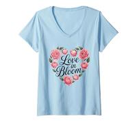 Mujer Diseño de tipografía de corazón Floral Love in Bloom Camiseta Cuello V