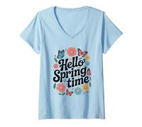 Mujer Diseño de tipografía Floral Hello Spring Time Camiseta Cuello V