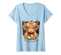 Mujer Diseño de Vaca Highlander, Let My People Fart, Amante de los Animales de Granja Camiseta Cuello V