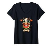 Mujer Diseño de vaca veraniega con fruta de sandía Camiseta Cuello V