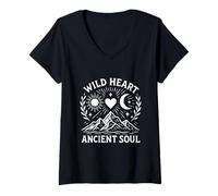 Mujer Diseño de Wild Heart Ancient Soul Mountain Moon Sun Camiseta Cuello V
