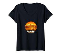 Mujer Diseño del Horizonte de la Puesta de Sol de La Valeta en Malta Camiseta Cuello V