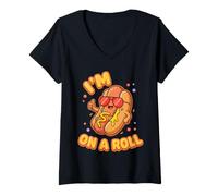 Mujer Diseño Divertido de Dibujos Animados de Juego de Palabras de Salchicha I'm On A Roll Camiseta Cuello V