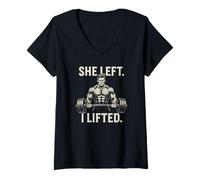 Mujer Diseño divertido de fuerza de ruptura de gimnasio She Left I Lifted Camiseta Cuello V