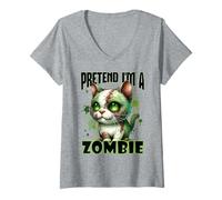 Mujer Diseño Divertido de Gato de Halloween Que Finge Que Soy un Zombi Camiseta Cuello V
