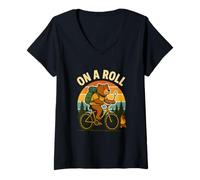 Mujer Diseño divertido de oso para acampar en bicicleta On A Roll Camiseta Cuello V