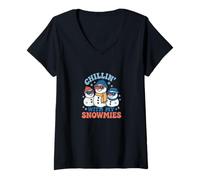 Mujer Diseño Divertido y Bonito de Chillin with My Snowmies para Navidad e Invierno Camiseta Cuello V